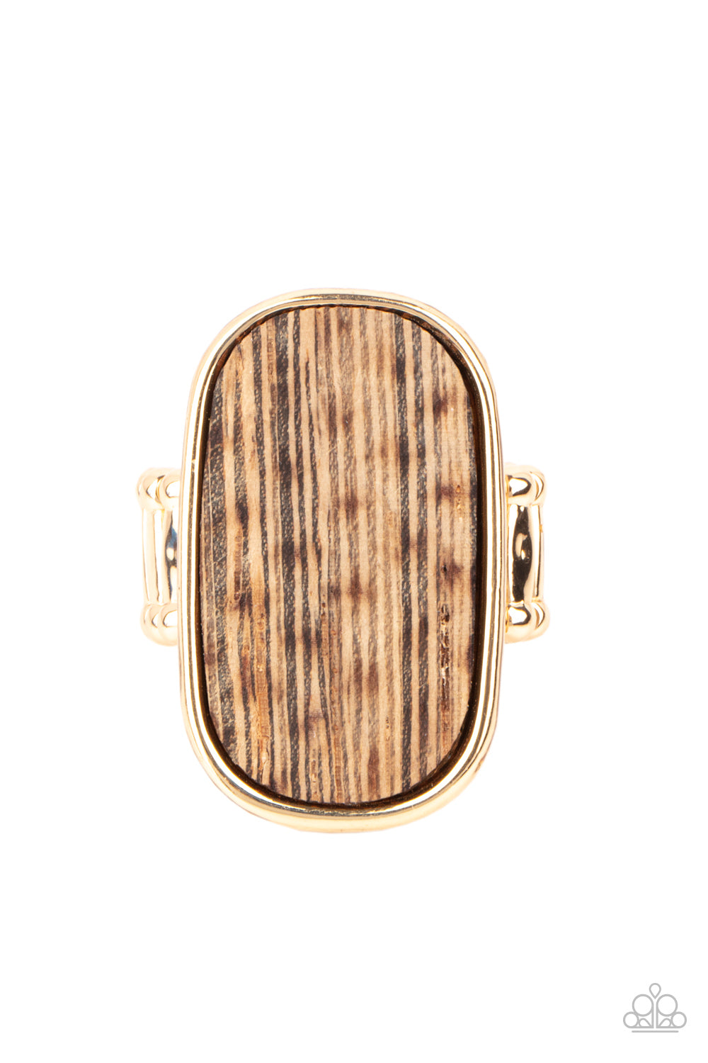 Reclaimed Refinement Gold Ring - Paparazzi Accessories Encased in a sleek gold frame, a rustic piece of wood sits atop the finger for an unexpected refinement. Features a stretchy band for a flexible fit. All Paparazzi Accessories are lead free and nickel free! Sold as one individual ring.