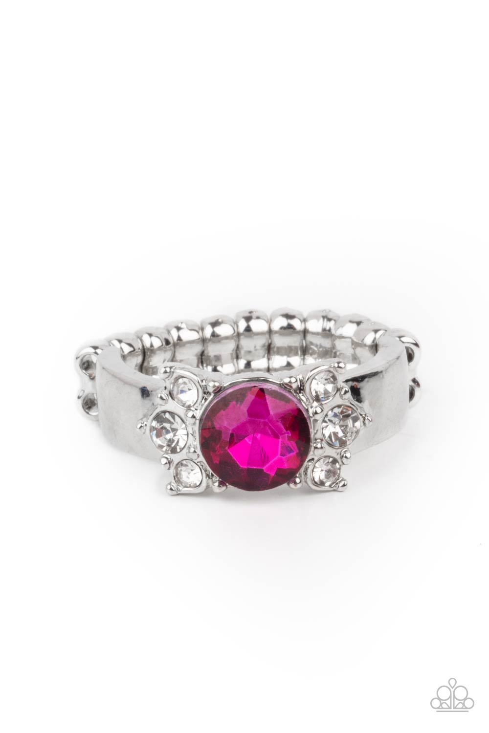 ROYAL Till The End Pink Ring - Paparazzi Accessories Trios of glassy white rhinestones flank an oversized pink rhinestone, creating a sparkly centerpiece atop a dainty silver band. Features a dainty stretchy band for a flexible fit. All Paparazzi Accessories are lead free and nickel free! Sold as one individual ring.