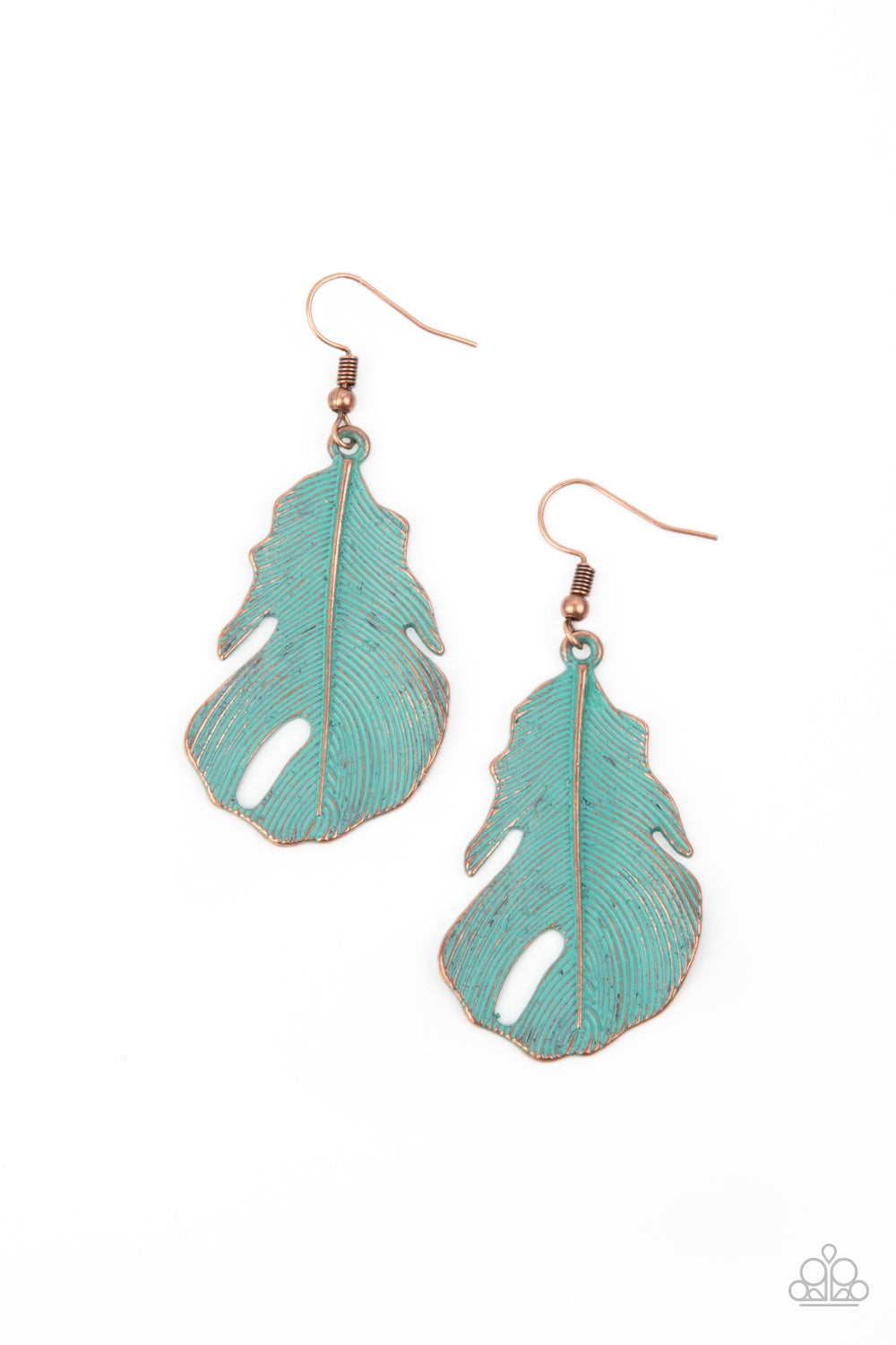 Heads QUILL Roll Copper Earring - Paparazzi Accessories Brushed in a patina finish, a lifelike copper feather swings from the ear for a free-spirited fashion. Earring attaches to a standard fishhook fitting. All Paparazzi Accessories are lead free and nickel free! Sold as one pair of earrings.