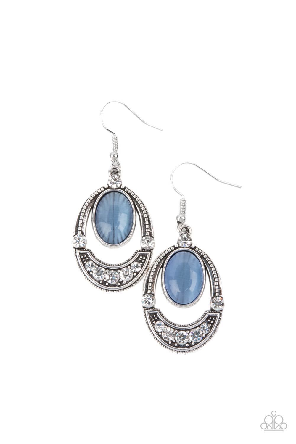 Serene Shimmer Blue Earring - Paparazzi Accessories. A glowing blue cat's eye stone attaches to the top of a studded silver frame. The bottom of the oval is encrusted in glassy white rhinestones, creating a whimsical display. Earring attaches to a standard fishhook fitting. All Paparazzi Accessories are lead free and nickel free! Sold as one pair of earrings.