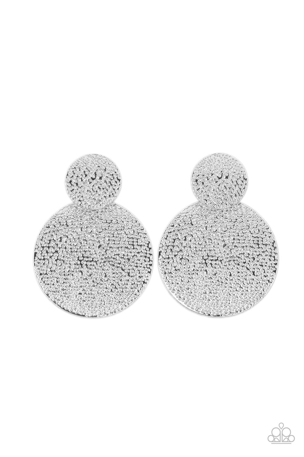 Refined Relic Silver Earring - Paparazzi Accessories Delicately hammered in shimmery textures, curved silver discs delicately link into a stacked lure. Earring attaches to a standard post fitting. All Paparazzi Accessories are lead free and nickel free! Sold as one pair of post earrings.