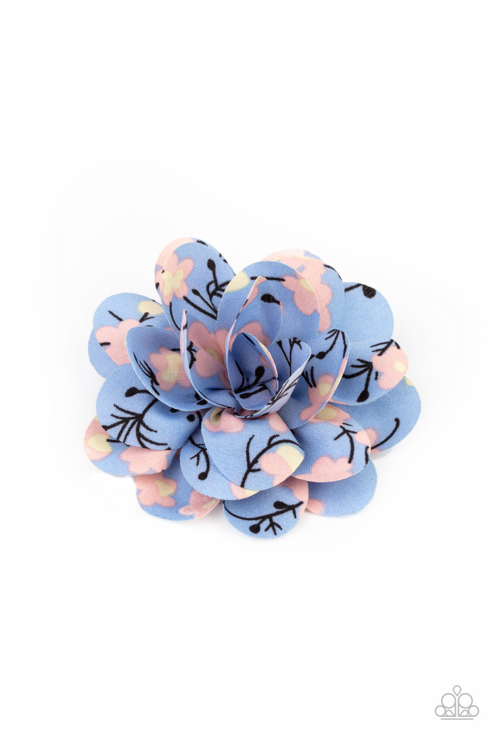 Springtime Eden Blue Hair Clip - Paparazzi Accessories Plush blue petals are printed in a colorful blossom pattern as they gather into a whimsical springtime flower. Features a standard hair clip on the back. All Paparazzi Accessories are lead free and nickel free! Sold as one individual hair clip.