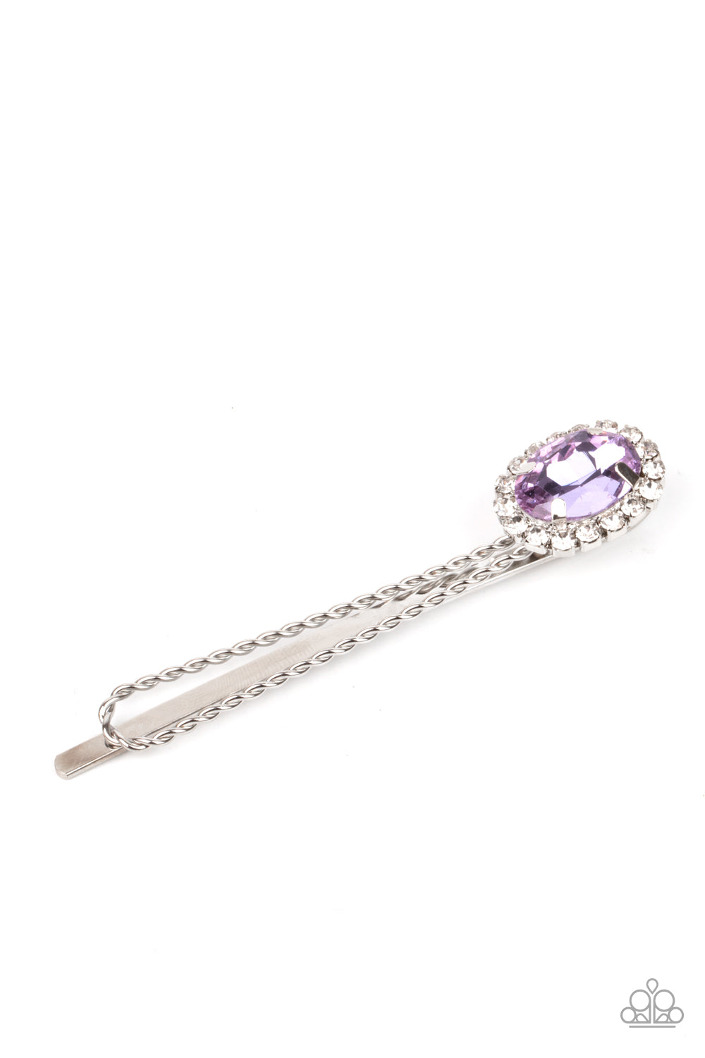 Gala Glitz Purple Hair Clip - Paparazzi Accessories Bordered in a ring of glassy white rhinestones, an oval purple gem adorns the corner of a textured silver bobby pin for a glamorous finish. All Paparazzi Accessories are lead free and nickel free! Sold as one individual decorative bobby pin.