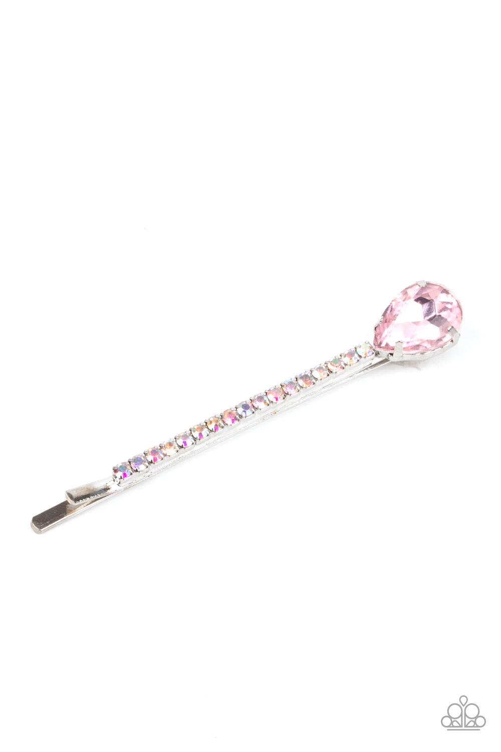 Princess Precision Pink Hair Clip - Paparazzi Accessories. A pink teardrop gem adorns the corner of a bobby pin that is adorned in opalescent rhinestones for a glamorous finish. All Paparazzi Accessories are lead free and nickel free! Sold as one individual decorative bobby pin.