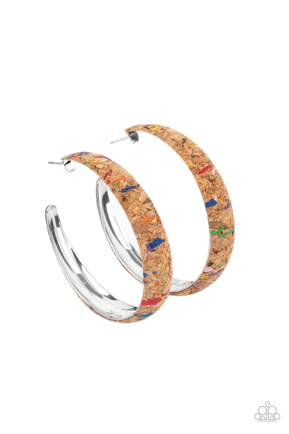 A CORK In The Road Multi Hoop Earring - Paparazzi Accessories A cork lined silver hoop is splattered in multicolored paint, creating a colorful display. Hoop measures approximately 2" in diameter. Earring attaches to a standard post fitting. Sold as one pair of hoop earrings.
