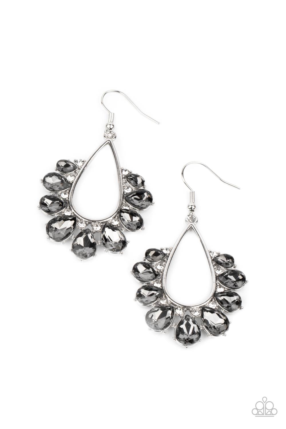 Two Can Play That Game Silver Earring - Paparazzi Accessories Gradually increasing in size, a glittery collection of smoky teardrop rhinestones fan out from a white rhinestone dotted silver teardrop frame, creating a sparkly statement. Earring attaches to a standard fishhook fitting. Sold as one pair of earrings.