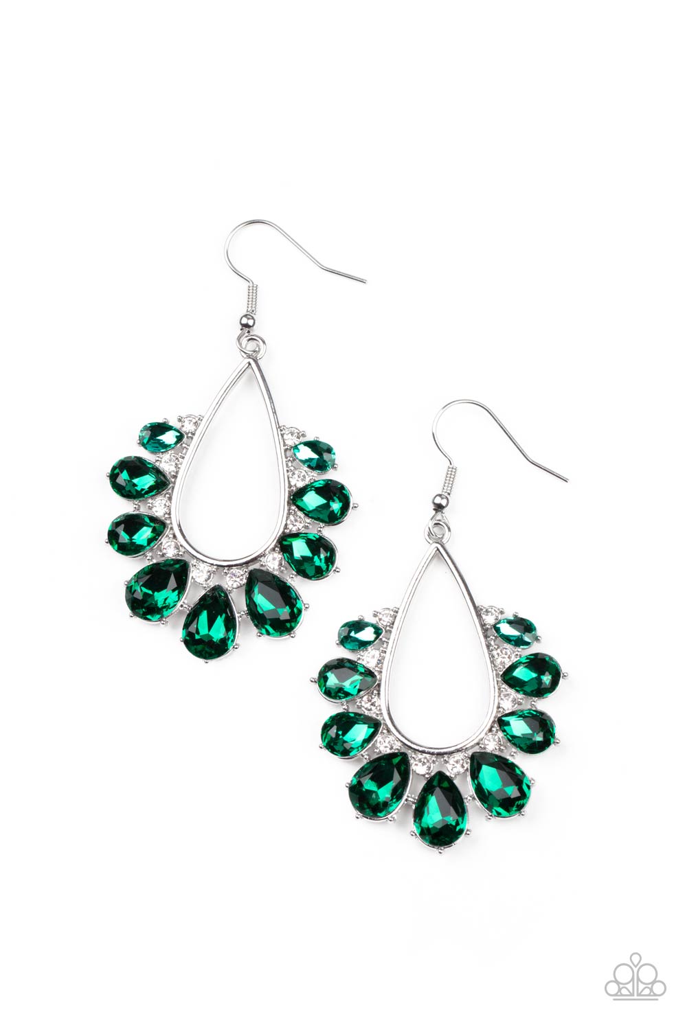 Two Can Play That Game Green Earring - Paparazzi Accessories Gradually increasing in size, a glittery collection of green teardrop rhinestones fan out from a white rhinestone dotted silver teardrop frame, creating a sparkly statement. Earring attaches to a standard fishhook fitting. All Paparazzi Accessories are lead free and nickel free! Sold as one pair of earrings.