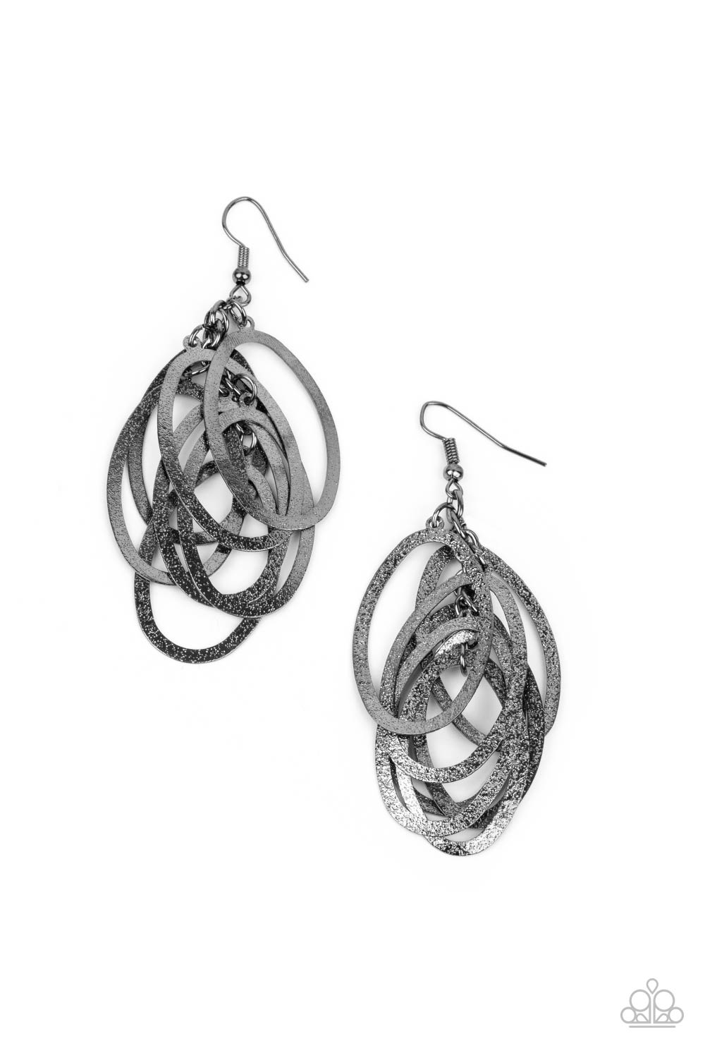 Mind OVAL Matter Black Earring - Paparazzi Accessories. Featuring a hammered high sheen finish, flat gunmetal ovals cascade from the ear, creating a flattering tassel. Earring attaches to a standard fishhook fitting. All Paparazzi Accessories are lead free and nickel free! Sold as one pair of earrings.