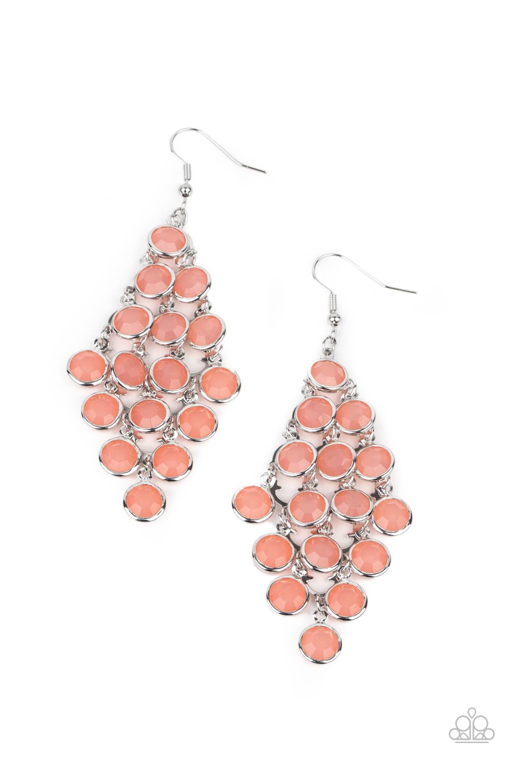 With All DEW Respect Orange Earring - Paparazzi Accessories Encased in sleek silver fittings, a crystal-like collection of Burnt Coral gems trickle from a silver netted backdrop, creating a dewy display. Earring attaches to a standard fishhook fitting. All Paparazzi Accessories are lead free and nickel free! Sold as one pair of earrings.