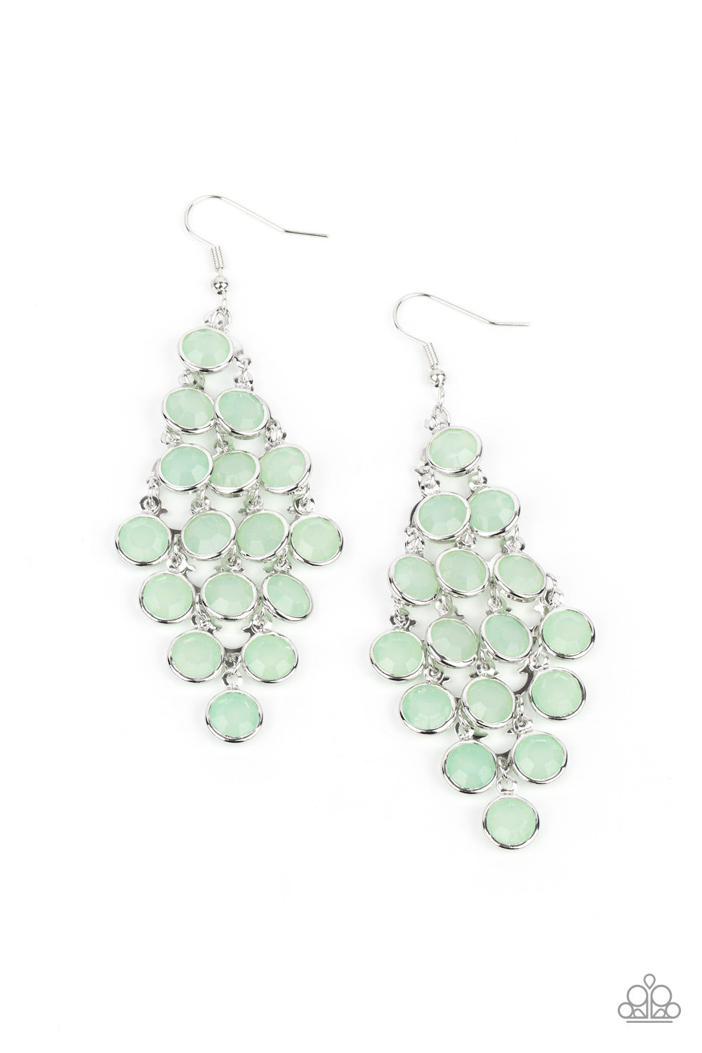 With All DEW Respect Green Earring - Paparazzi Accessories Encased in sleek silver fittings, a crystal-like collection of Green Ash gems trickle from a silver netted backdrop, creating a dewy display. Earring attaches to a standard fishhook fitting. All Paparazzi Accessories are lead free and nickel free! Sold as one pair of earrings.