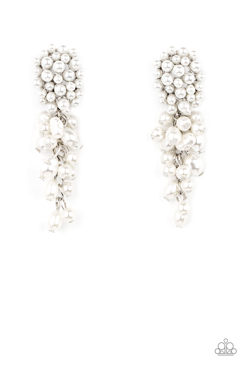 Fabulously Flattering White Pearl Earring - Paparazzi Accessories Featuring imperfect finishes, a bubbly tassel of white pearls trickles from the bottom of a pearl encrusted silver fitting for a timeless look. Earring attaches to a standard post fitting. All Paparazzi Accessories are lead free and nickel free! Sold as one pair of post earrings.