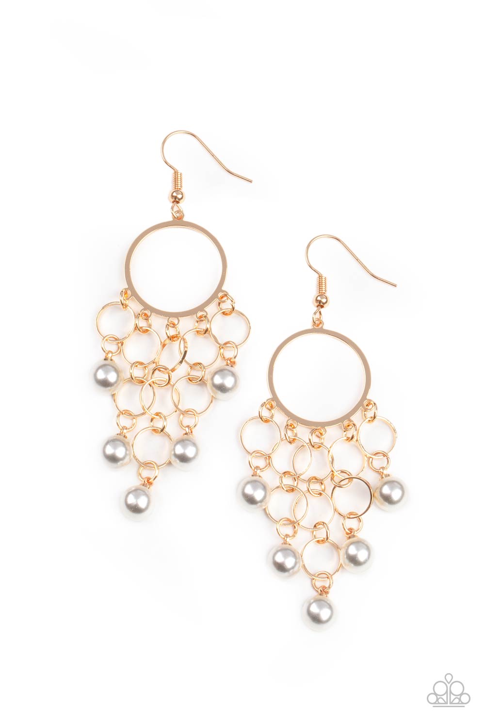When Life Gives You Pearls Gold Earring - Paparazzi Accessories Classic white pearls attach to the bottom of strands of dainty gold links, creating a bubbly tassel at the bottom of a timeless gold hoop. Earring attaches to a standard fishhook fitting. Sold as one pair of earrings.