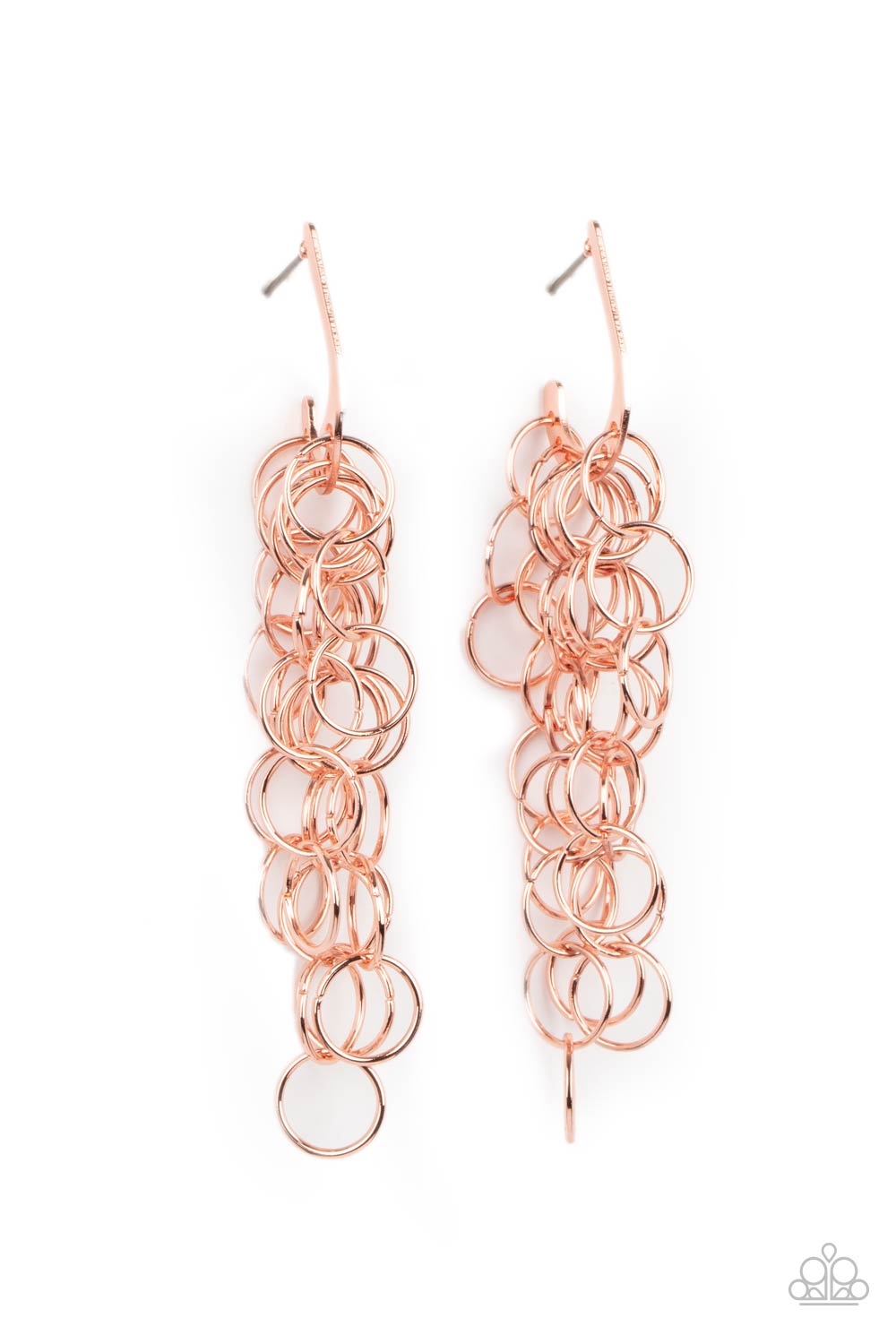 ong Live The Rebels Copper Earring - Paparazzi Accessories Strands of shiny copper links cascade from the bottom of a dainty hook shaped hoop, creating a rebellious fringe. Hoop measures approximately 1/2" in diameter. Earring attaches to a standard post fitting. All Paparazzi Accessories are lead free and nickel free! Sold as one pair of hoop earrings.