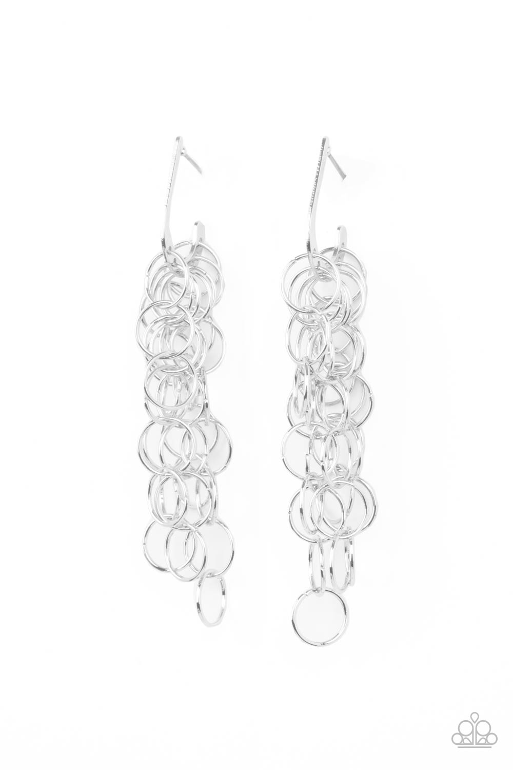 Long Live The Rebels Silver Earring - Paparazzi Accessories. Strands of shiny silver links cascade from the bottom of a dainty hook shaped hoop, creating a rebellious fringe. Hoop measures approximately 1/2" in diameter. Earring attaches to a standard post fitting. All Paparazzi Accessories are lead free and nickel free! Sold as one pair of hoop earrings.