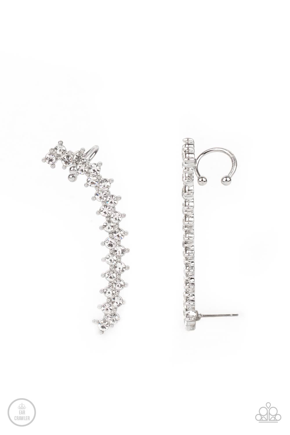 Let There Be LIGHTNING White Ear Crawler Earring - Paparazzi Accessories Encased in studded silver fittings, pairs of glassy white rhinestones stack into a zigzagging frame up the ear for an electrifying fashion. Features a dainty cuff attached to the top for a secure fit. Sold as one pair of ear crawlers.