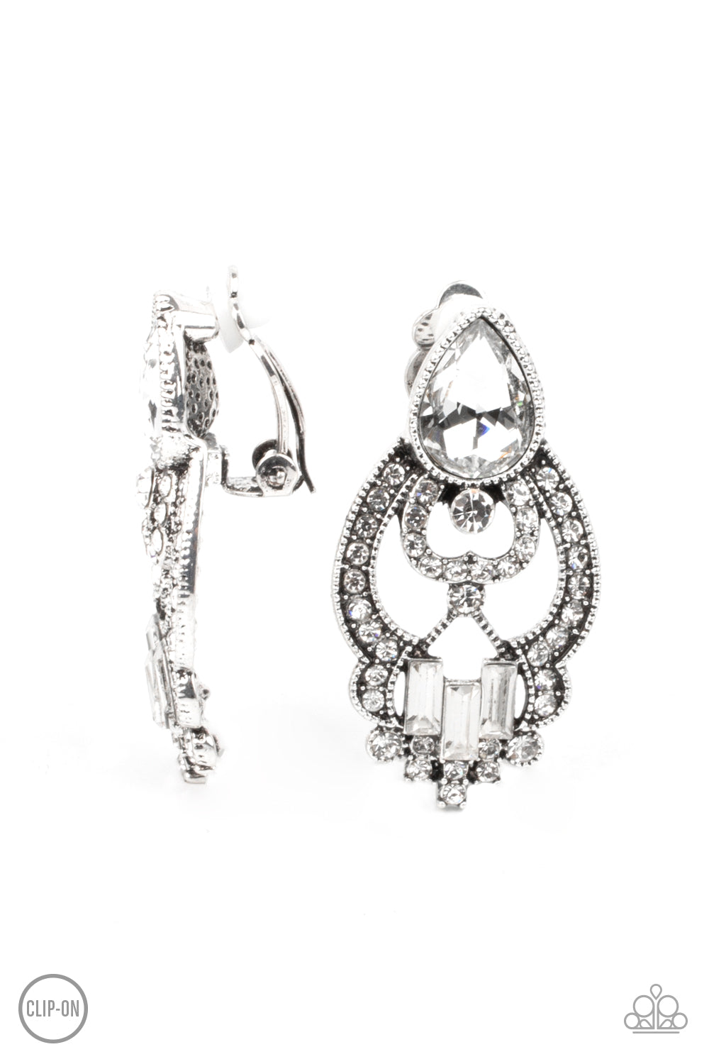 Glamour Gauntlet White Clip-On Earring - Paparazzi Accessories