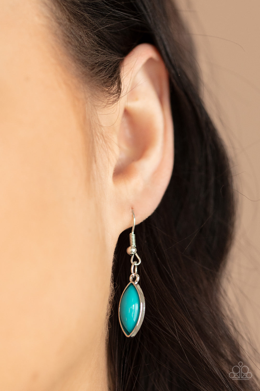 Eden Escape Blue Necklace - Paparazzi Accessories Encased in sleek silver frames, a collection of marquise shaped blue beads delicately coalesce into a leafy pendant below the collar for a whimsical pop of color. Features an adjustable clasp closure. All Paparazzi Accessories are lead free and nickel free! Sold as one individual necklace. Includes one pair of matching earrings.