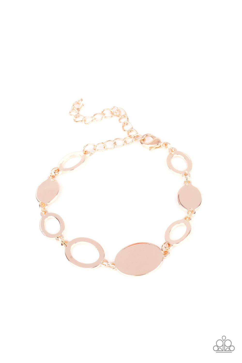 OVAL and Out Rose Gold Bracelet - Paparazzi Accessories A shiny series of glistening rose gold discs and oval frames delicately link around the wrist, creating a casual statement. Features an adjustable clasp closure. All Paparazzi Accessories are lead free and nickel free! Sold as one individual bracelet. Get The Complete Look! Necklace: "Working OVAL-time - Rose Gold" (Sold Separately)