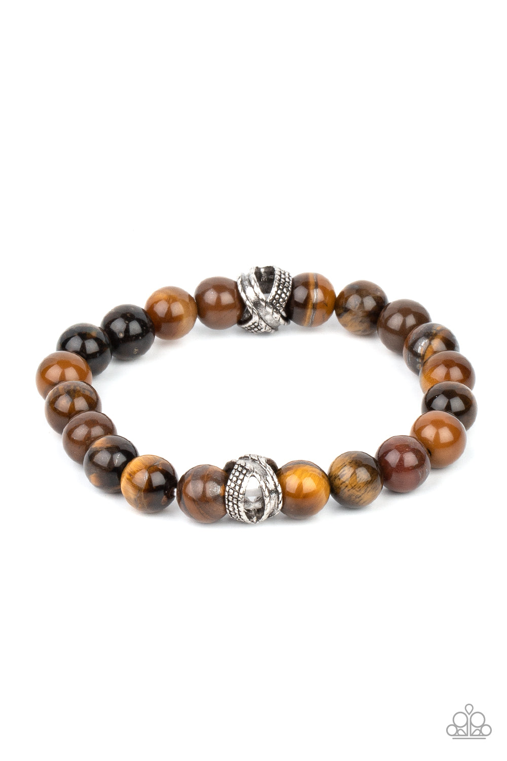 ZEN Commandments Brown Urban Bracelet - Paparazzi Accessories Infused with textured silver accents, an earthy collection of tiger's eye stones are threaded along a stretchy band around the wrist for a seasonal fashion. All Paparazzi Accessories are lead free and nickel free! Sold as one individual bracelet.
