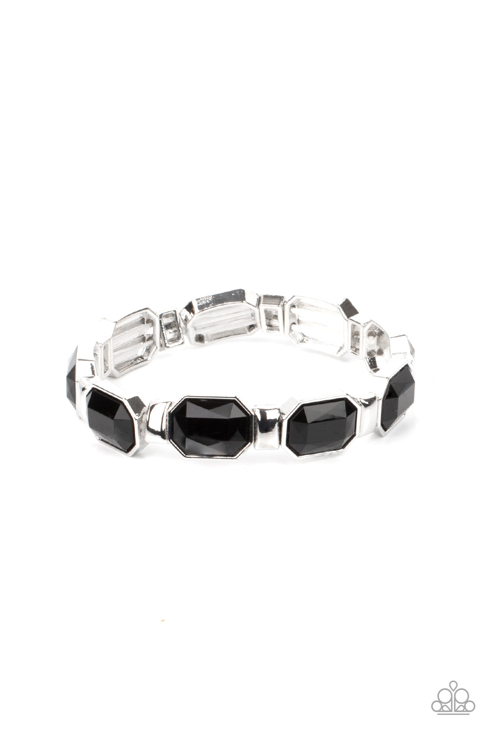 Fashion Fable Black Bracelet - Paparazzi Accessories Encased in sleek silver fittings, faceted black beads join dainty silver rectangular frames along stretchy bands around the wrist for a dainty pop of color. All Paparazzi Accessories are lead free and nickel free! Sold as one individual bracelet.
