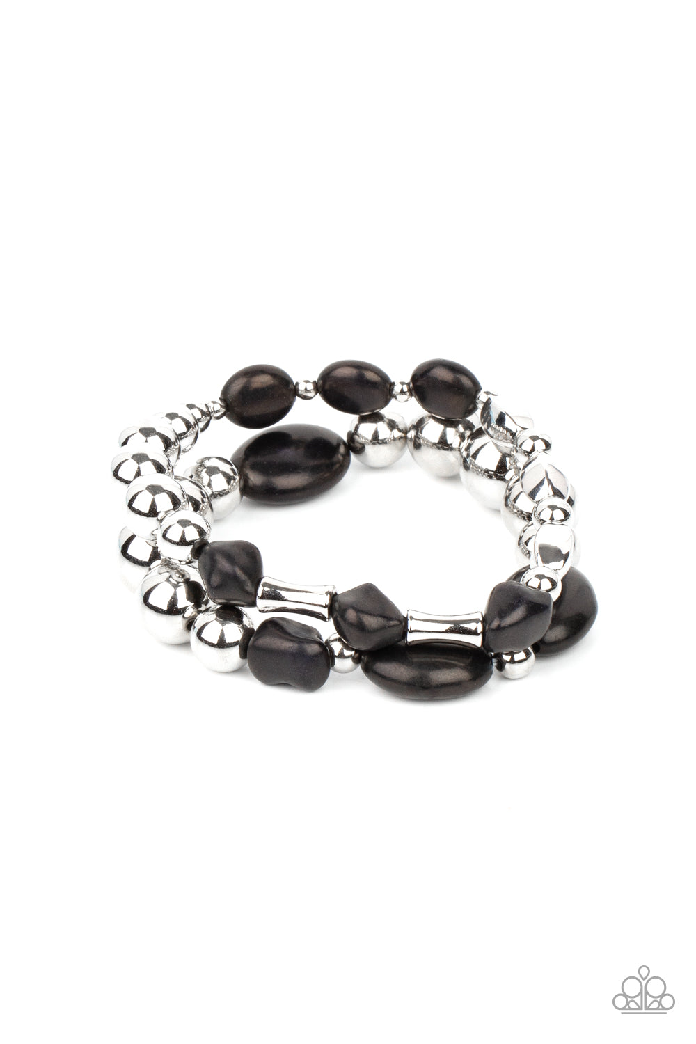 Authentically Artisan Black Bracelet - Paparazzi Accessories. Mismatched black stones and oversized silver beads are threaded along stretchy bands around the wrist, creating earthy layers. All Paparazzi Accessories are lead free and nickel free! Sold as one pair of bracelets.