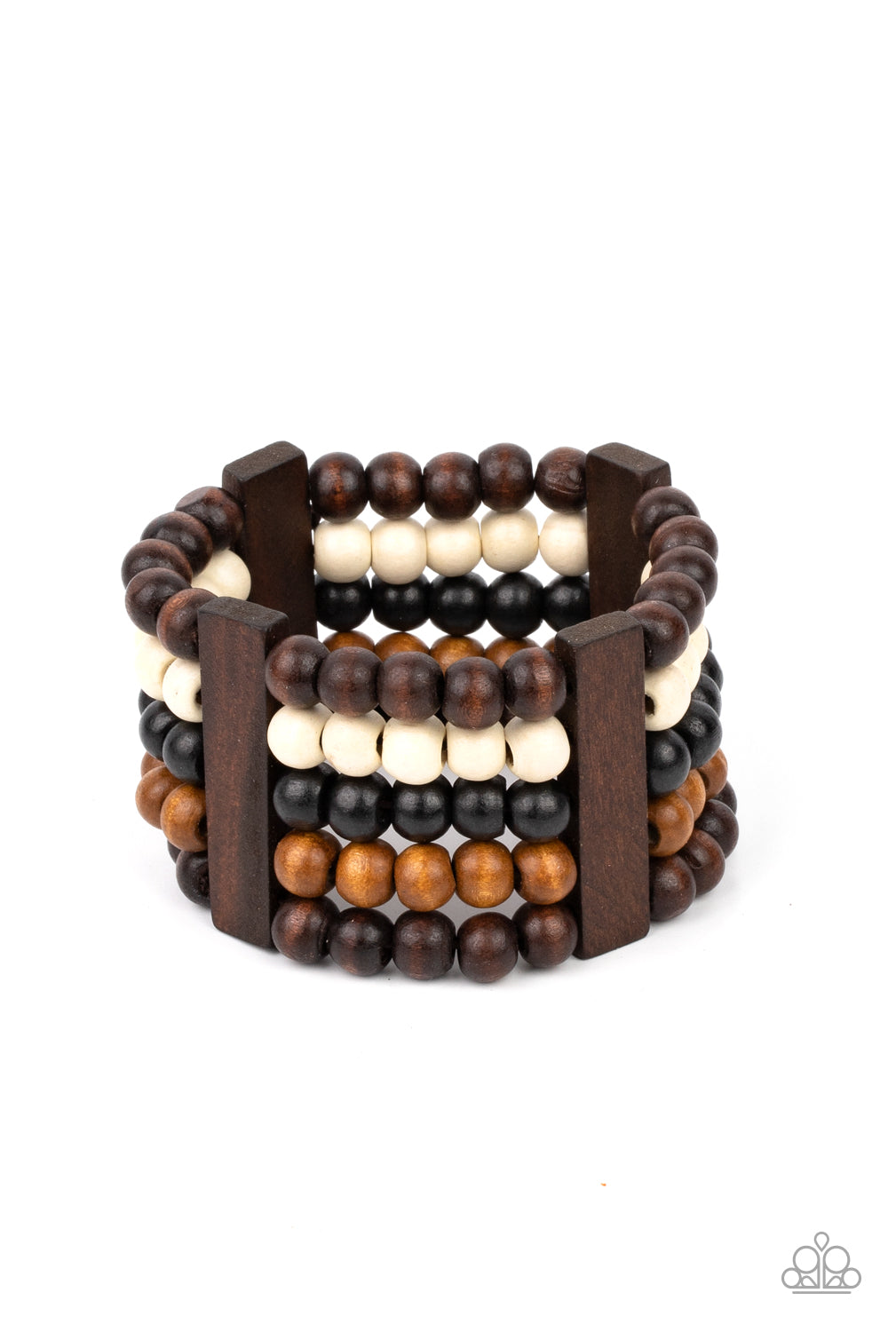 Caribbean Catwalk Multi Wooden Bracelet - Paparazzi Accessories Held in place by rectangular wooden frames, strands of brown, black, and white wooden beads are threaded along stretchy bands around the wrist for a colorfully tropical look. All Paparazzi Accessories are lead free and nickel free! Sold as one individual bracelet.