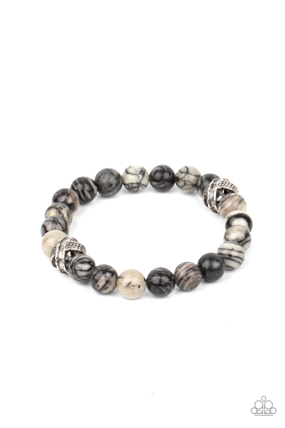 ZEN Commandments Black Urban Bracelet - Paparazzi Accessories Infused with textured silver accents, an earthy collection of swirling black and white stones are threaded along a stretchy band around the wrist for a seasonal fashion. All Paparazzi Accessories are lead free and nickel free! Sold as one individual bracelet.