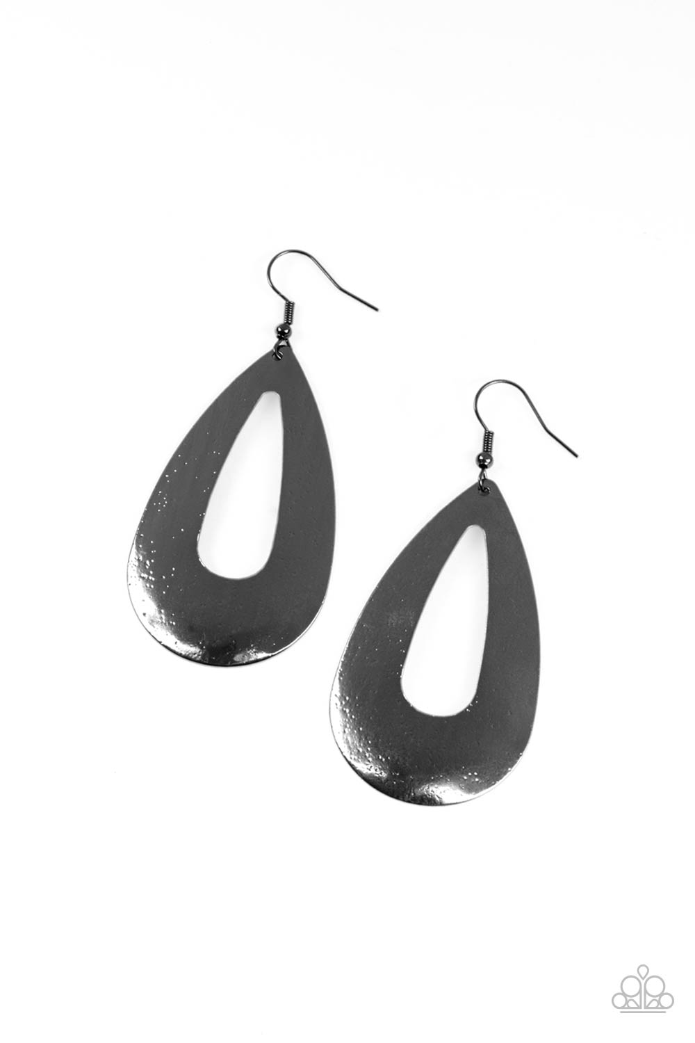 Hand It OVAL! Black Earring - Paparazzi Accessories Delicately hammered in endless gunmetal shimmer, a flat glistening oval silhouette swings from the ear for a beautiful basic look. Earring attaches to a standard fishhook fitting. All Paparazzi Accessories are lead free and nickel free! Sold as one pair of earrings.