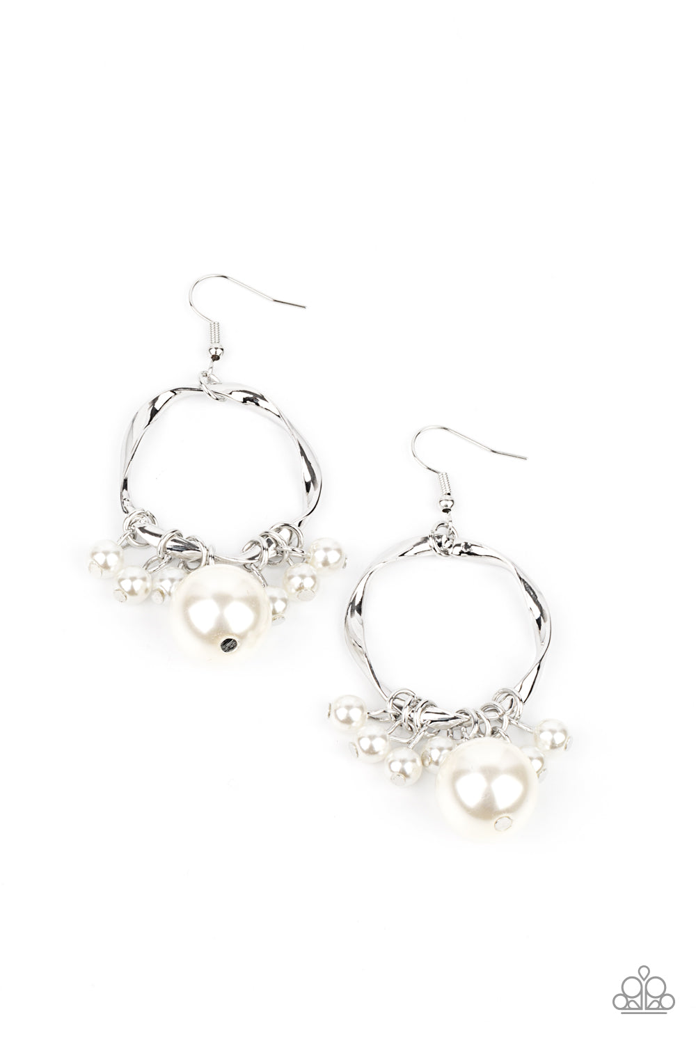 Delectably Diva White Earring - Paparazzi Accessories An oversized white pearl joins dainty white pearls along a twisted silver hoop, creating a bubbly fringe. Earring attaches to a standard fishhook fitting. All Paparazzi Accessories are lead free and nickel free! Sold as one pair of earrings.