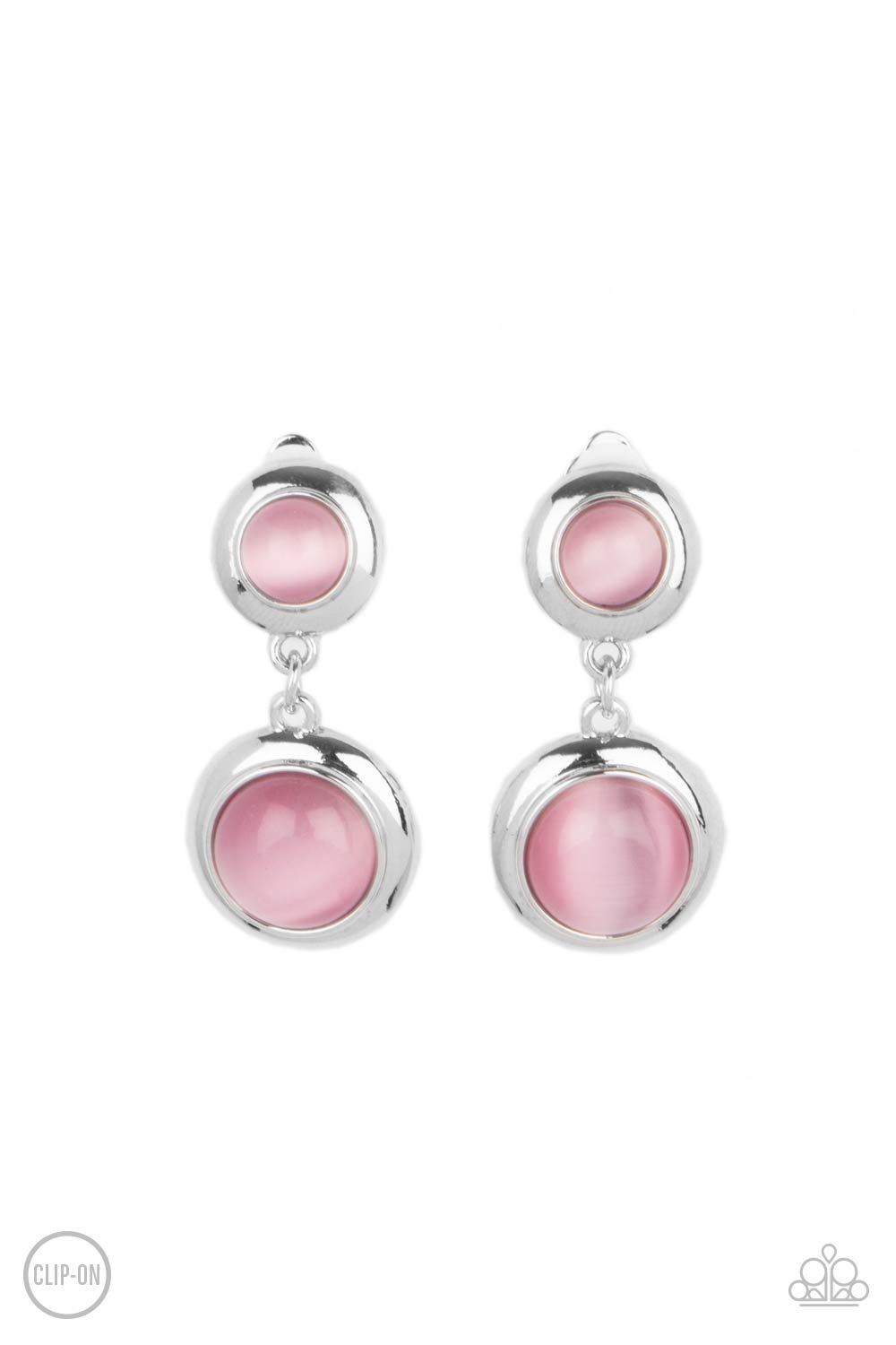 Subtle Smolder Pink Clip-On Earring - Paparazzi Accessories Encased in sleek silver fittings, two pink cat's eye stones link into a whimsical lure. Earring attaches to a standard clip-on fitting. All Paparazzi Accessories are lead free and nickel free! Sold as one pair of clip-on earrings.