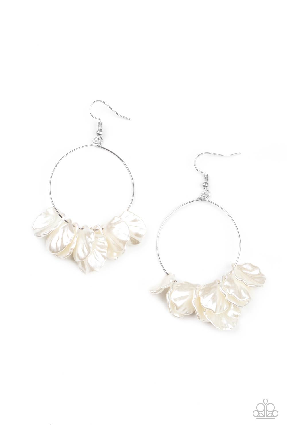 Sailboats and Seashells White Earring - Paparazzi Accessories. Pearly shell-like beads are threaded along a dainty silver wire, creating a flirtatious beach inspired fringe. Earring attaches to a standard fishhook fitting. All Paparazzi Accessories are lead free and nickel free! Sold as one pair of earrings.