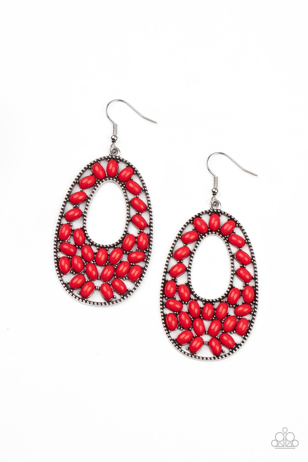 Beaded Shores Red Earring - Paparazzi Accessories. A collection of oval red beads collect inside a studded silver oval frame, creating a bright pop of color. Earring attaches to a standard fishhook fitting. All Paparazzi Accessories are lead free and nickel free! Sold as one pair of earrings.