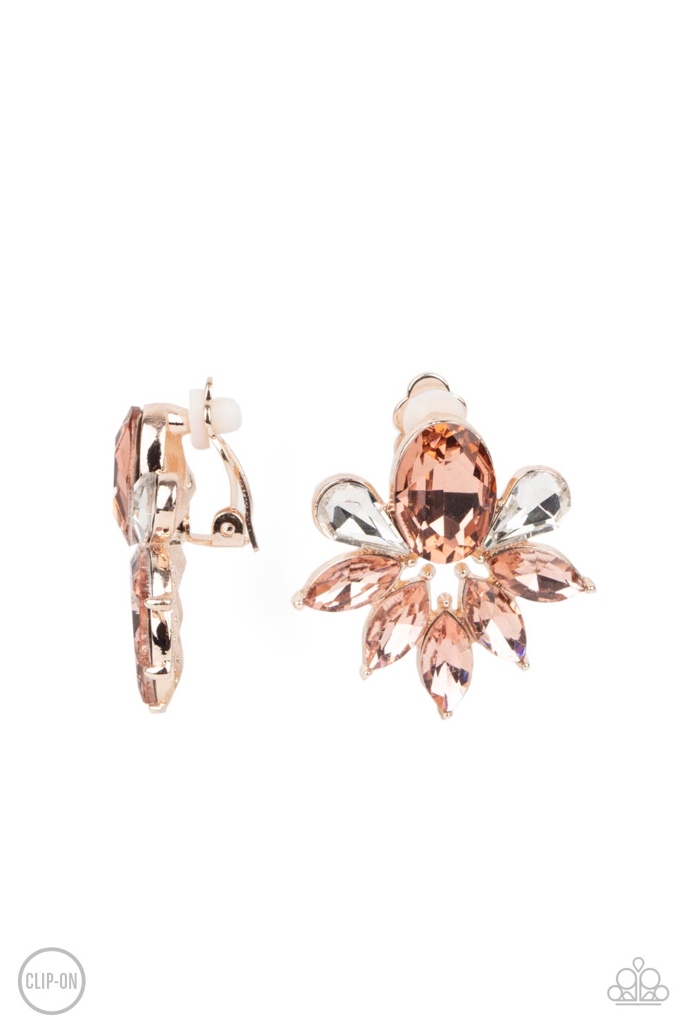 Fearless Finesse Rose Gold Clip-On Earring - Paparazzi Accessories A glassy collection of white teardrop and rose gold marquise cut rhinestones fan out from the bottom of an oval rose gold gem, creating a majestic centerpiece. Earring attaches to a standard clip-on earring. All Paparazzi Accessories are lead free and nickel free! Sold as one pair of clip-on earrings.