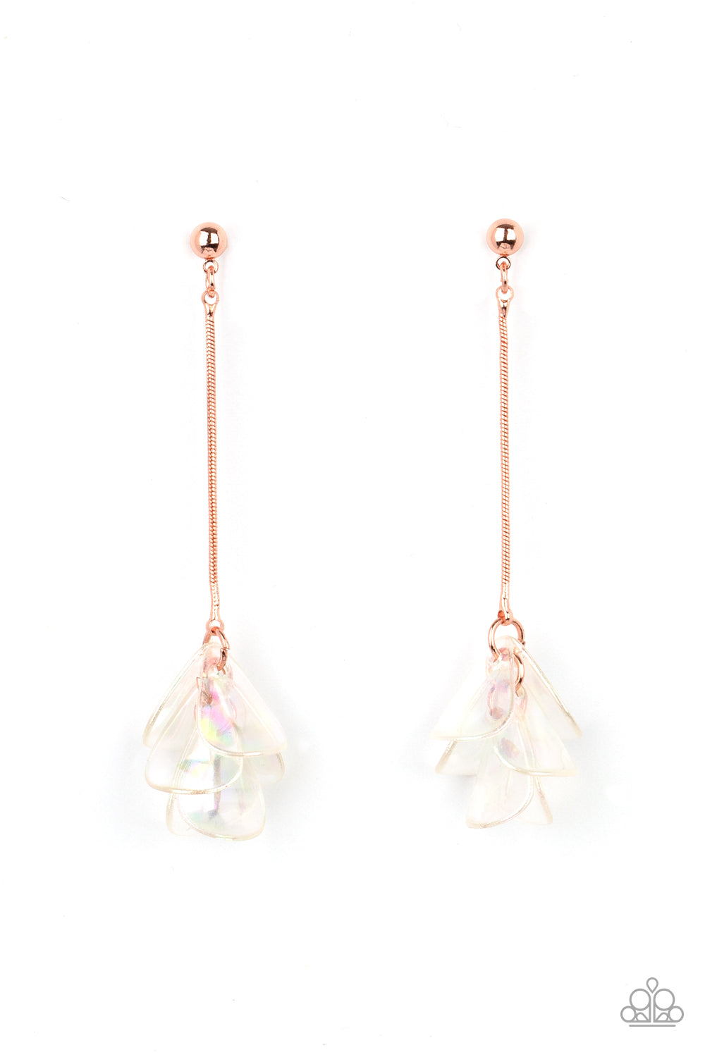 Keep Them In Suspense Copper Post Earring - Paparazzi Accessories Iridescent acrylic petals delicately cluster at the bottom of a shiny copper chain, creating an ethereal tassel. Earring attaches to a standard post fitting. All Paparazzi Accessories are lead free and nickel free! Sold as one pair of post earrings.
