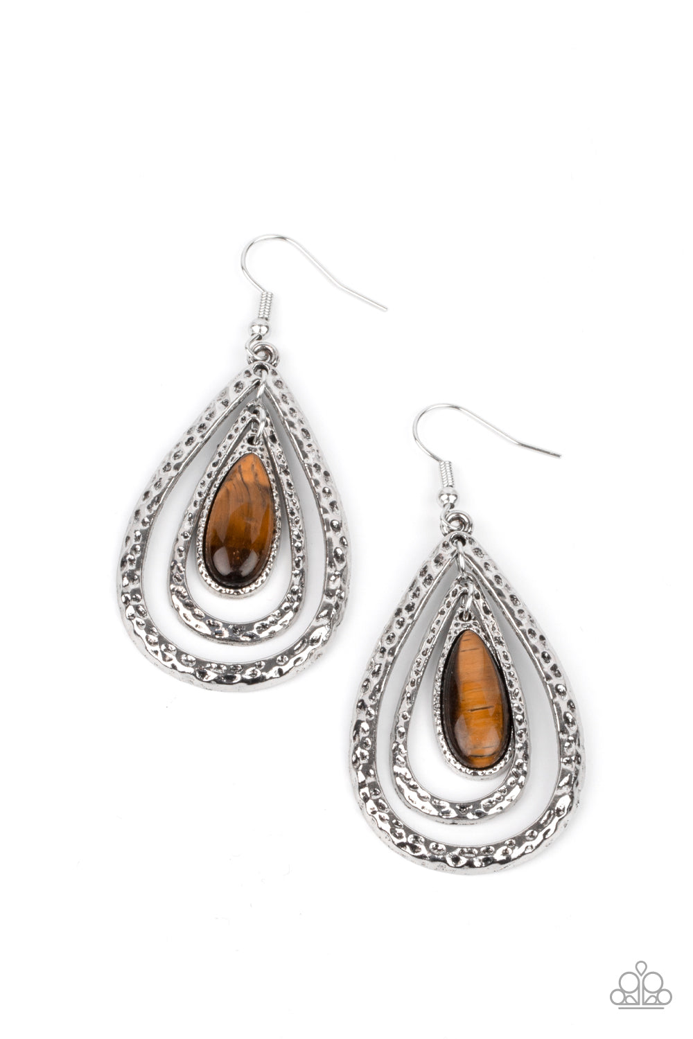 Teardrop Torrent Brown Earring - Paparazzi Accessories A teardrop tiger's eye stone swings from the top of a hammered silver frame that links to a larger hammered silver frame, creating a rippling lure. Earring attaches to a standard fishhook fitting. All Paparazzi Accessories are lead free and nickel free! Sold as one pair of earrings.