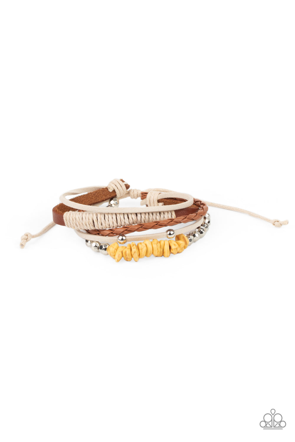 Keep At ROAM Temperature Yellow Urban Bracelet - Paparazzi Accessories. A strand of yellow pebbles and faceted silver beads joins rustic suede and leather bands around the wrist, creating earthy layers. Features an adjustable sliding knot closure. All Paparazzi Accessories are lead free and nickel free! Sold as one individual bracelet.