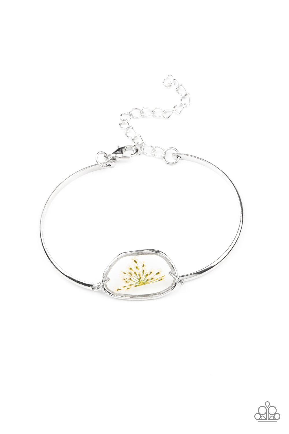 Prairie Paradise White Bracelet - Paparazzi Accessories Encased inside an asymmetrical glass casing, a dainty white firework flower centerpiece attaches to two arcing silver bars around the wrist for a whimsical floral look. Features an adjustable clasp closure. All Paparazzi Accessories are lead free and nickel free! Sold as one individual bracelet.