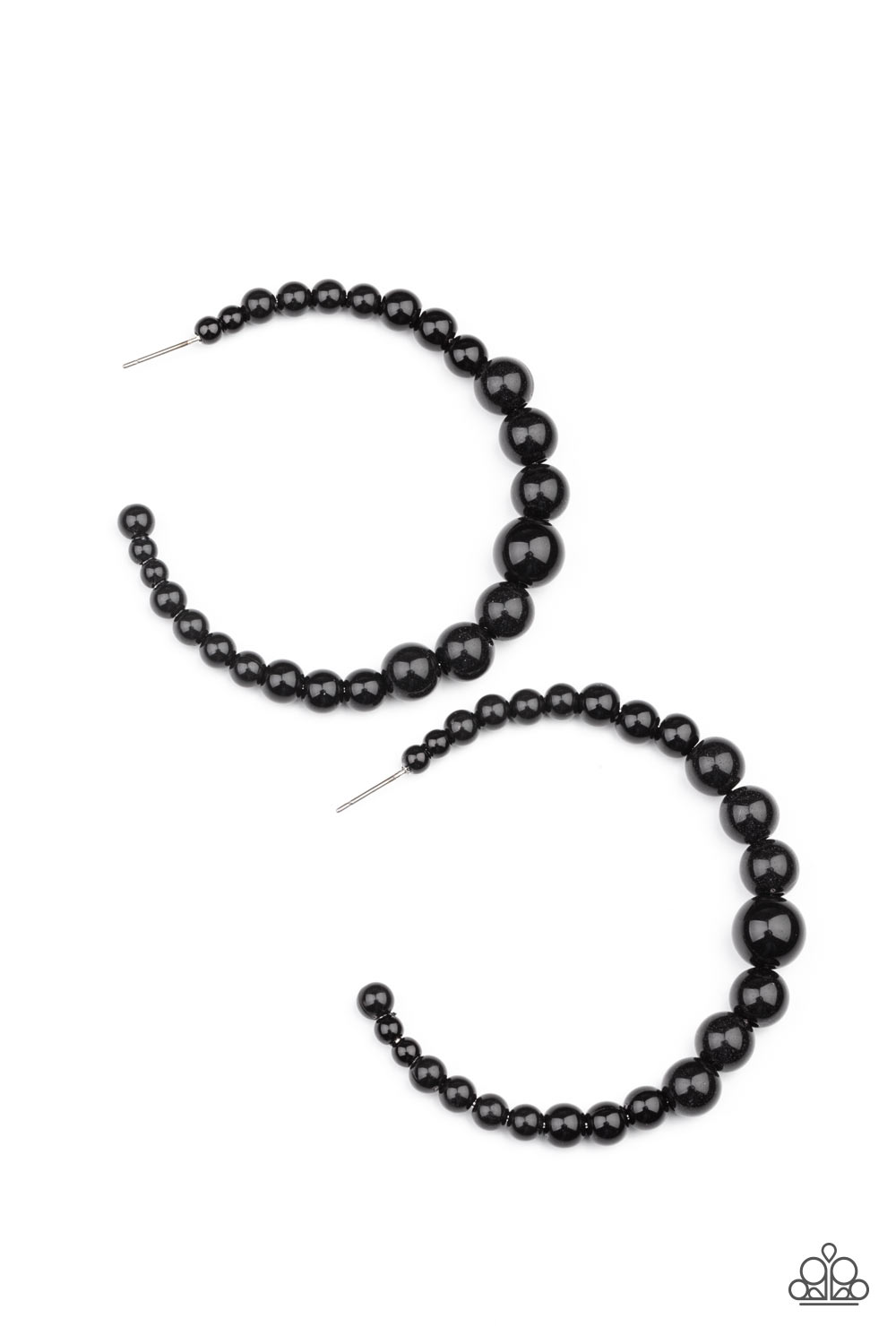 Glamour Graduate Black Hoop Earring - Paparazzi Accessories Gradually increasing in size at the center, a classic row of polished black beads are threaded along an oversized hoop for a posh finish. Earring attaches to a standard post fitting. Hoop measures approximately 2 1/4" in diameter. Sold as one pair of hoop earrings.