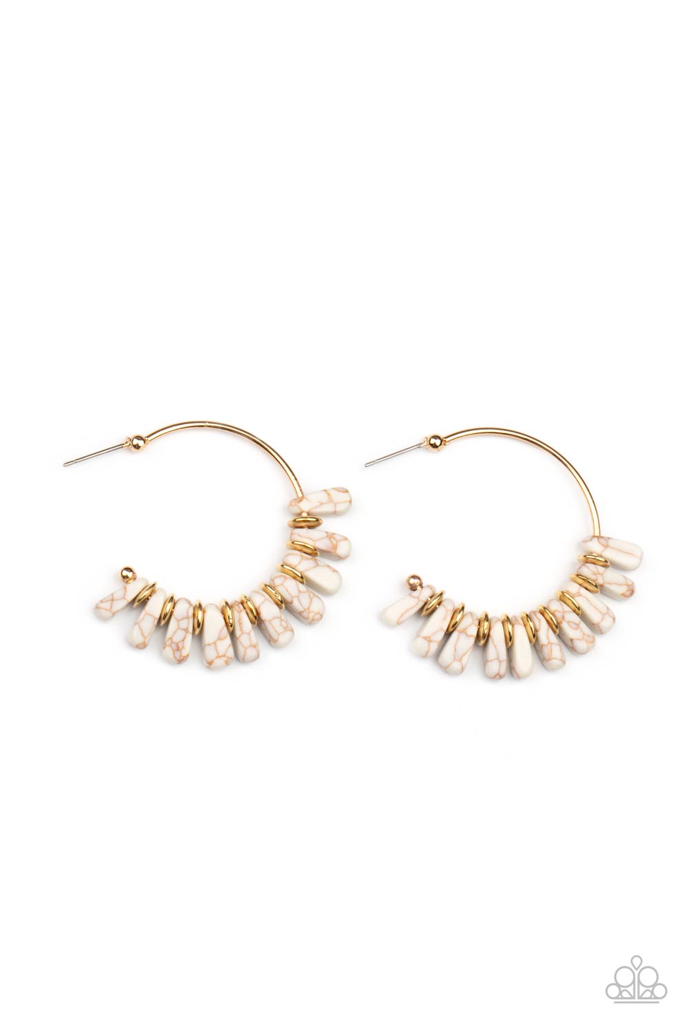 Poshly Primitive White Hoop Earring - Paparazzi Accessories Flared white stones and dainty gold discs alternate along a dainty gold hoop, creating an earthy fringe. Earring attaches to a standard post fitting. Hoop measures approximately 1 1/2" in diameter. Sold as one pair of hoop earrings.