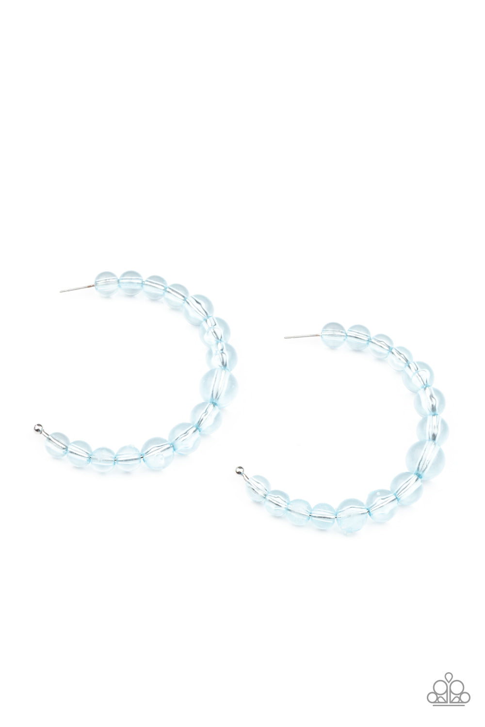In The Clear Blue Hoop Earring - Paparazzi Accessories Gradually increasing in size at the center, a glassy collection of Cerulean beads are threaded along an oversized hoop for a bubbly effect. Earring attaches to a standard post fitting. Hoop measures approximately 2 1/2" in diameter. All Paparazzi Accessories are lead free and nickel free! Sold as one pair of hoop earrings.