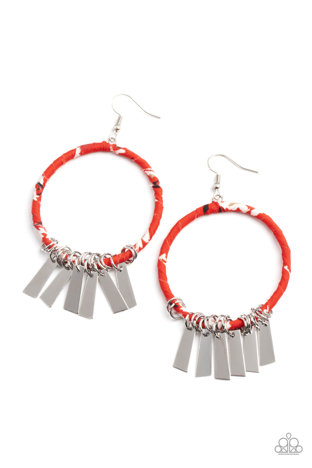Garden Chimes Red Earring - Paparazzi Accessories Flared rectangular silver plates swing from the bottom of a hoop wrapped in red, black, and white floral fabric, creating a whimsical fringe. Earring attaches to a standard fishhook fitting. All Paparazzi Accessories are lead free and nickel free! Sold as one pair of earrings.