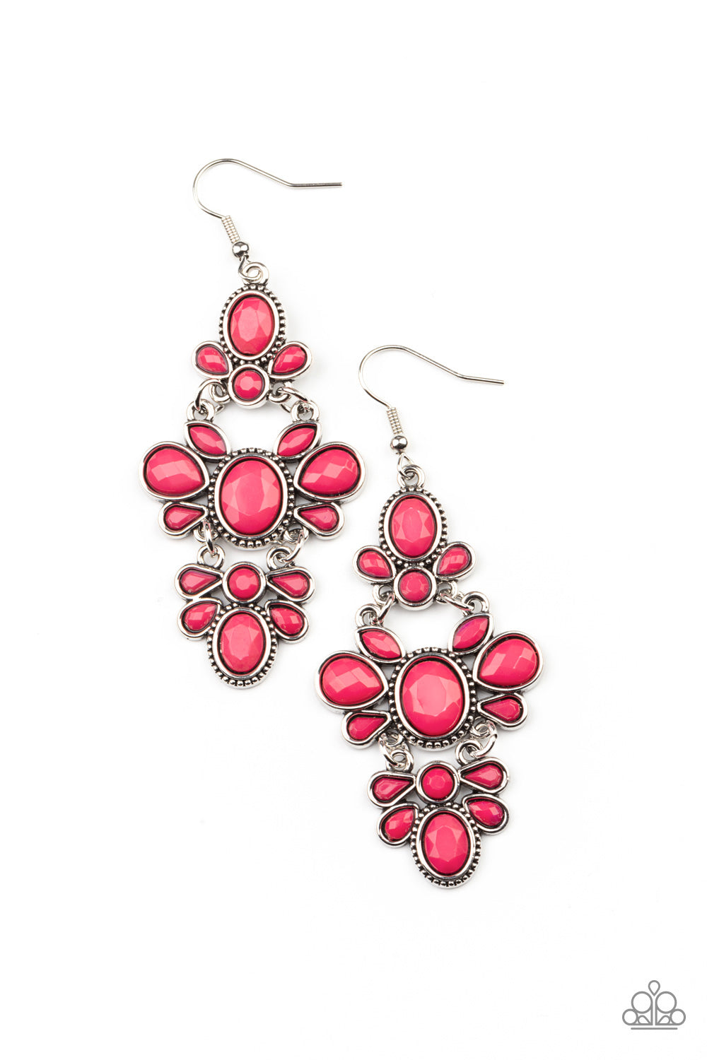 VACAY The Premises Pink Earring - Paparazzi Accessories Featuring round, marquise, and teardrop shapes, a faceted collection of vivacious pink beads connect into three ornate frames that link into a single lure for a flirtatious effect. Earring attaches to a standard fishhook fitting. Sold as one pair of earrings.