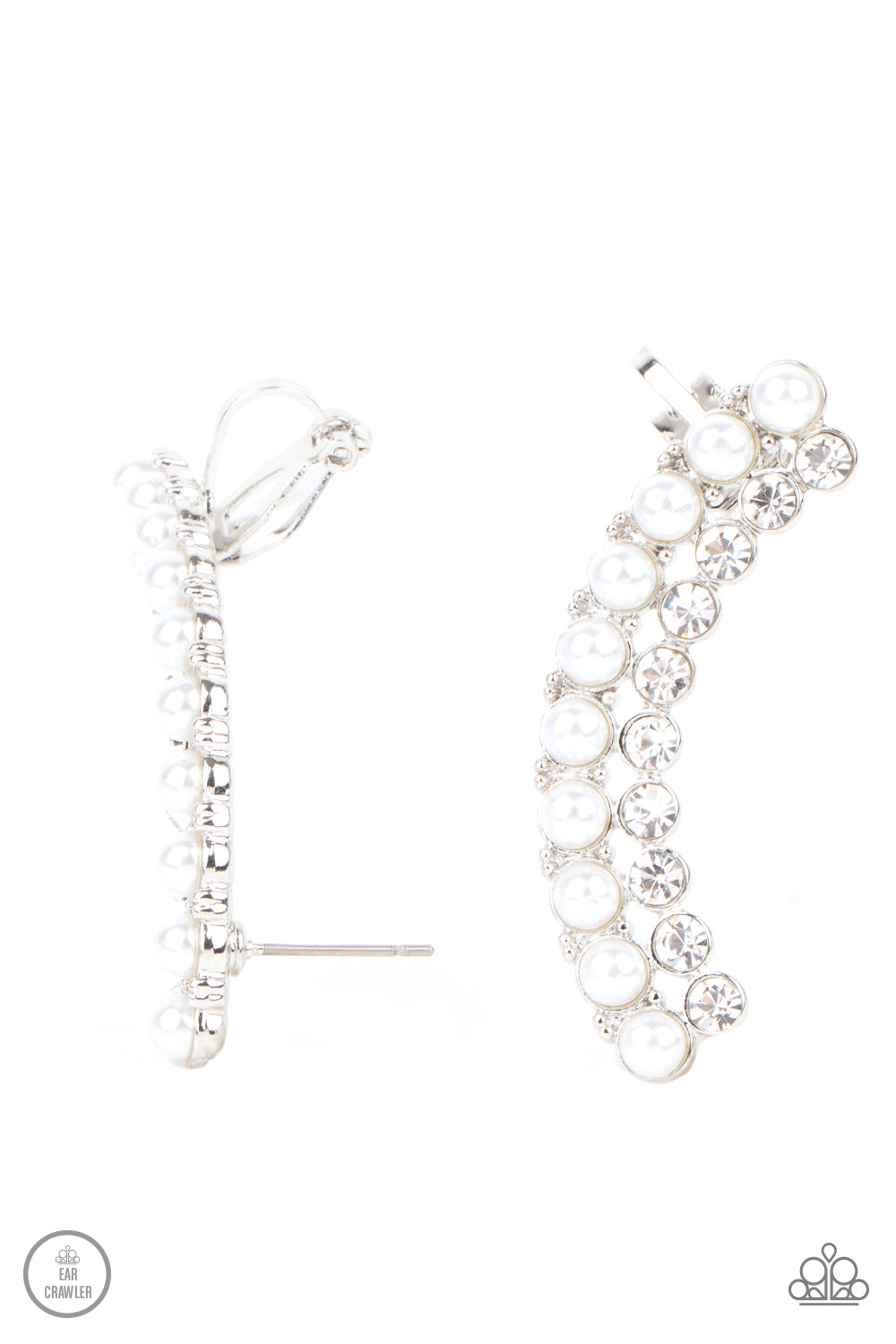 Doubled Down On Dazzle White Ear Crawler - Paparazzi Accessories Featuring classic silver fittings, two rows of dainty white pearls and glassy white rhinestones arch into a timeless statement piece. Earring attaches to a standard post earring. Features a clip-on fitting at the top for a secure fit. All Paparazzi Accessories are lead free and nickel free! Sold as one pair of ear crawlers.