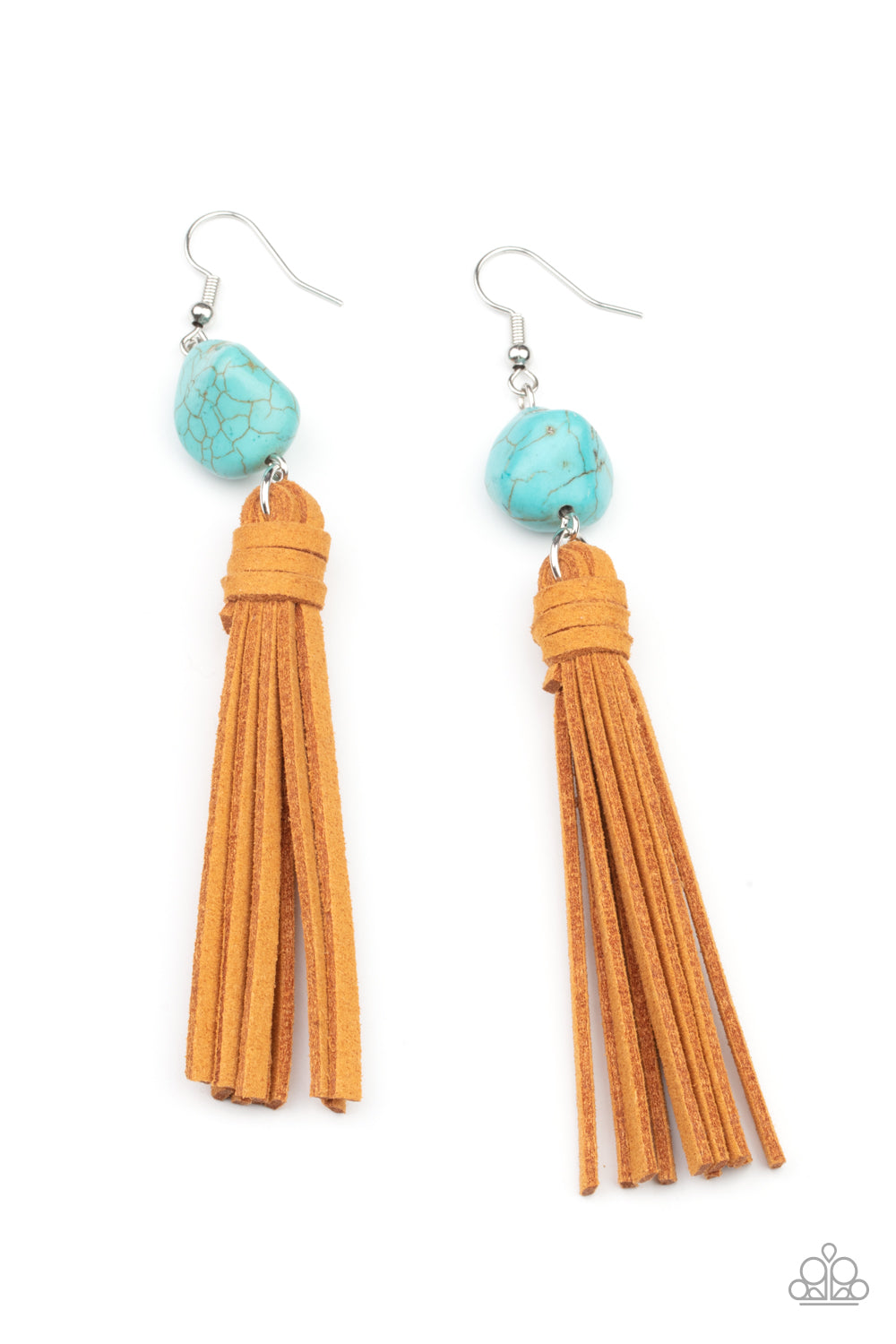 All-Natural Allure Blue Earring - Paparazzi Accessories A rustic brown suede tassel swings from the bottom of an imperfect turquoise stone, creating an earthy centerpiece. Earring attaches to a standard fishhook fitting. All Paparazzi Accessories are lead free and nickel free! Sold as one pair of earrings.
