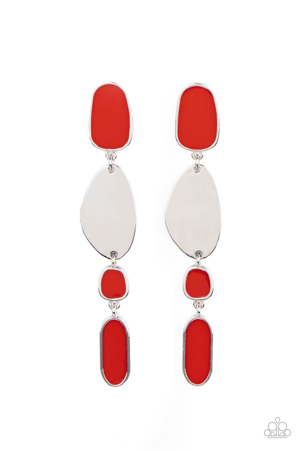 Deco By Design Red Post Earring - Paparazzi Accessories Painted in a fiery red finish, a shiny collection of asymmetrical frames link with a glistening silver frame, creating an abstract lure. Earring attaches to a standard post fitting. All Paparazzi Accessories are lead free and nickel free! Sold as one pair of post earrings.