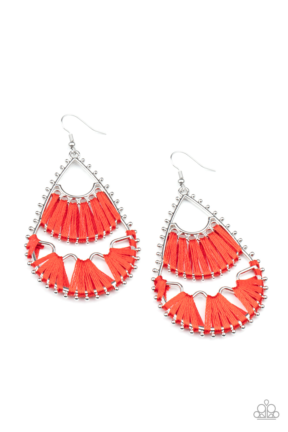 Samba Scene Red Earring - Paparazzi Accessories Three abstract silver fittings section off the inside of a pronged teardrop. Red thread is wrapped around the bar-like fittings, creating colorful loom-like accents. Earring attaches to a standard fishhook fitting. All Paparazzi Accessories are lead free and nickel free! Sold as one pair of earrings.