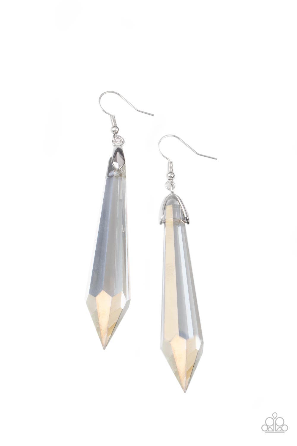 Sharp Dressed DIVA Multi Earring - Paparazzi Accessories Featuring a stellar iridescent finish, a dramatically elongated white gem attaches to a silver fitting that swings from the ear for a hypnotizing fashion. Earring attaches to a standard fishhook fitting. All Paparazzi Accessories are lead free and nickel free! Sold as one pair of earrings.
