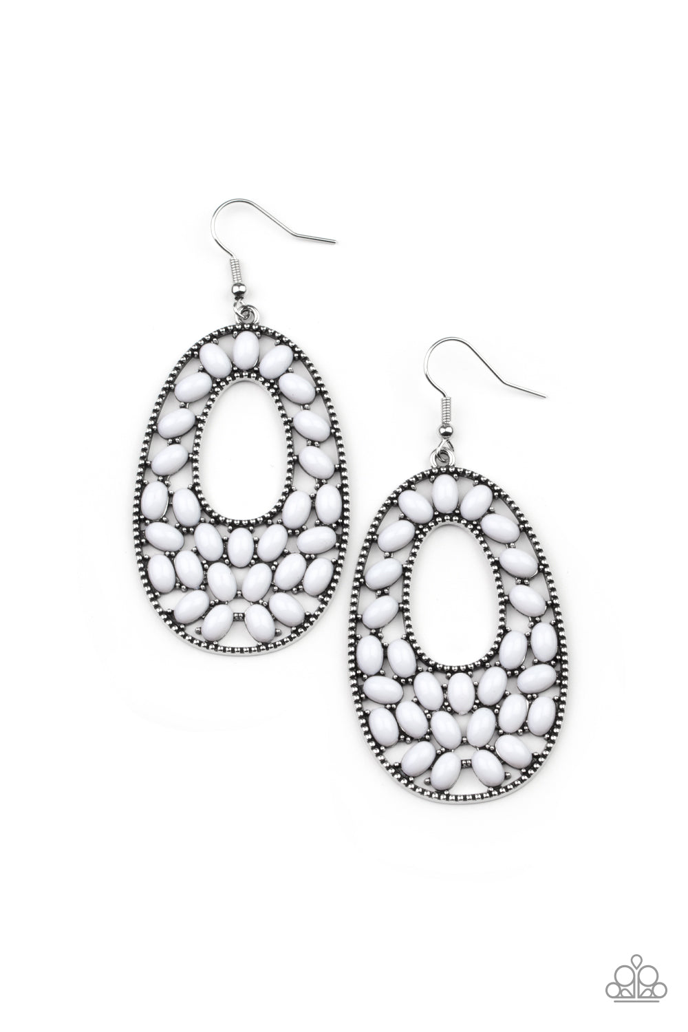Beaded Shores White Earring - Paparazzi Accessories. A collection of oval white beads collect inside a studded silver oval frame, creating a bright pop of color. Earring attaches to a standard fishhook fitting. All Paparazzi Accessories are lead free and nickel free! Sold as one pair of earrings.