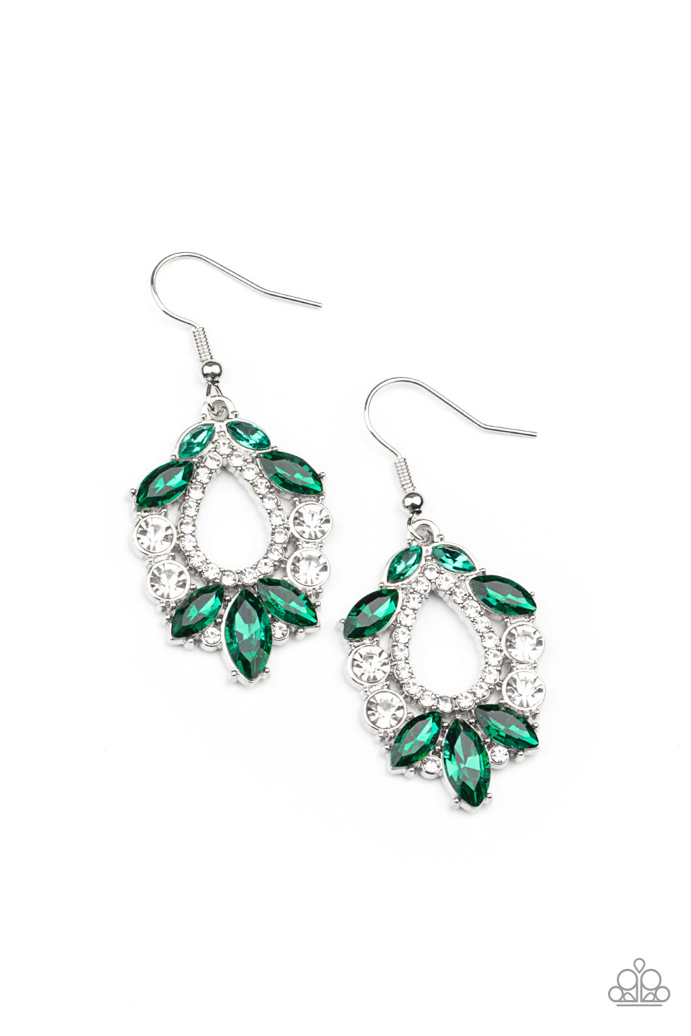 New Age Noble Green Earring - Paparazzi Accessories Featuring regal marquise and classic round cuts, a glittery collection of white and green rhinestones coalesce into a jaw-dropping teardrop frame. Earring attaches to a standard fishhook fitting. All Paparazzi Accessories are lead free and nickel free! Sold as one pair of earrings.
