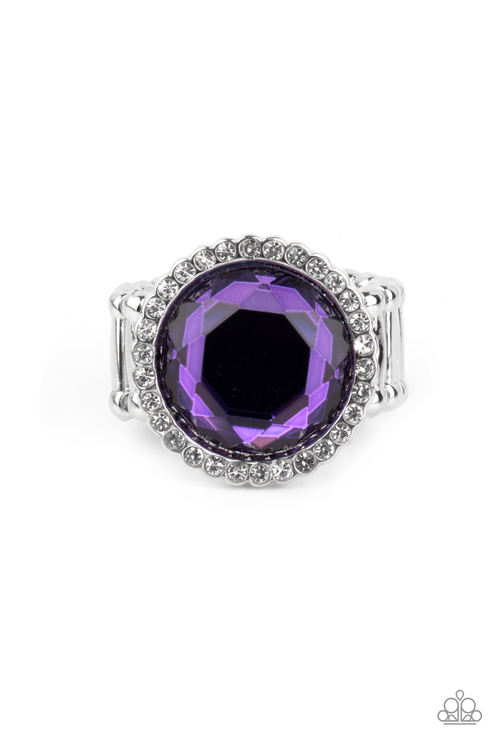 Crown Culture Purple Ring - Paparazzi Accessories. A round purple gem is bordered in a glassy ring of dainty white rhinestones, creating a sparkly centerpiece atop the finger. Features a stretchy band for a flexible fit. All Paparazzi Accessories are lead free and nickel free! Sold as one individual ring.